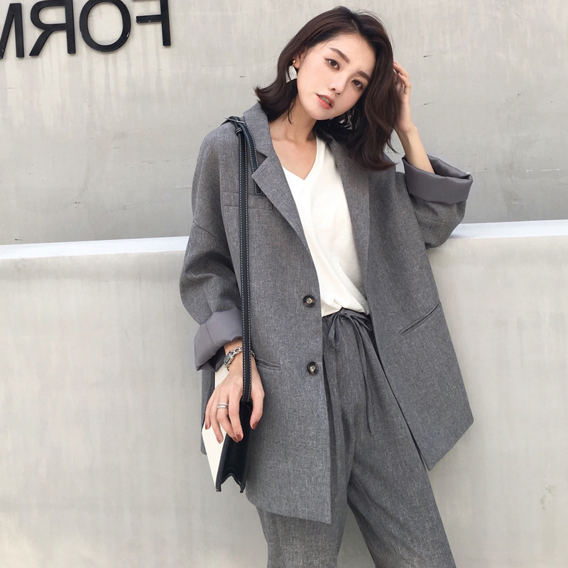 

Suit female 2020 autumn new temperament casual loose long suit jacket trousers solid color elegant fashion two-piece set, Grey jacket pants