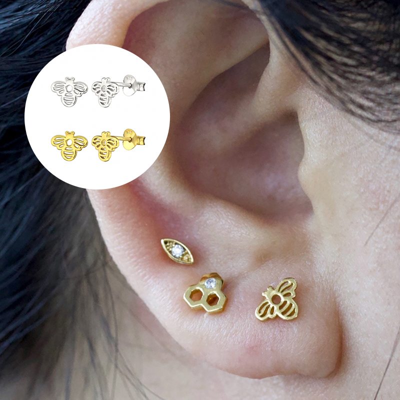 

Minimalist 925 Sterling Silver Cute Animal Bee Small Mini Piercing Stud Earrings For Wedding Anniversary Party Aretes Pendientes
