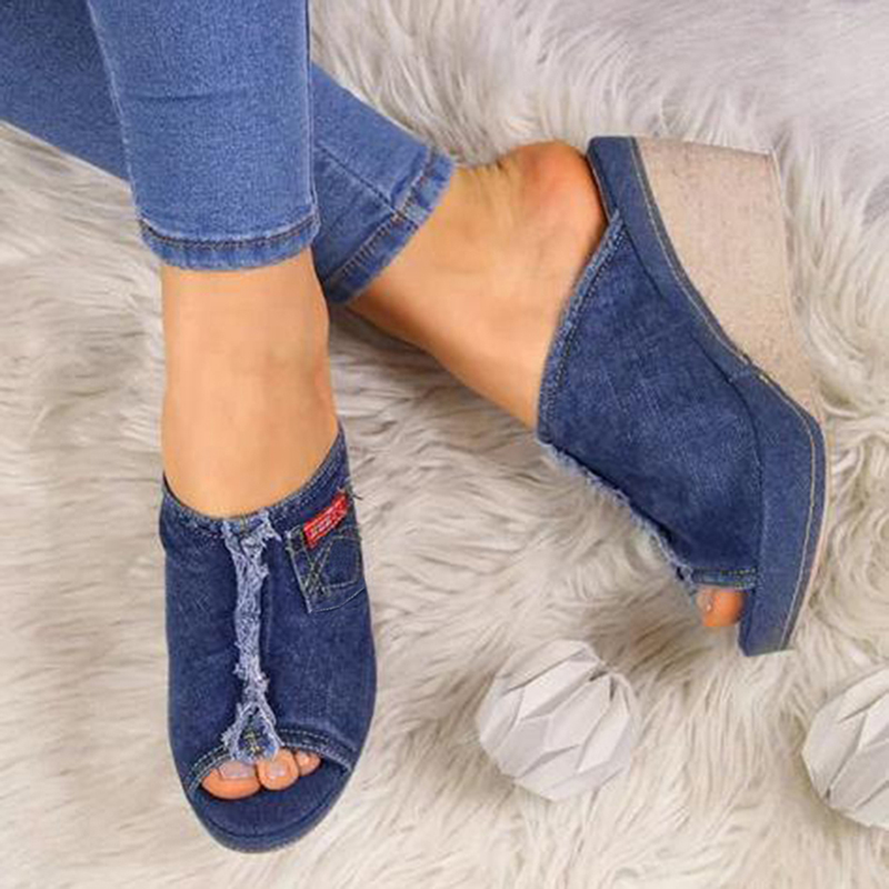 

Slipper Shoes Women Summer High Heels Sandals Peep Toe Denim Wedges Fashion Slipper Shoes Woman Sapato Feminino Zapatos Mujer, Blue