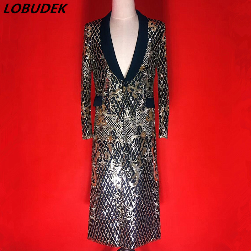 

2020 New Men' Long Jacket Coat Sparkly Reflective sequins Windbreaker Outerwear Music Concert Male Singer Rock Punk DS Costume, As pic