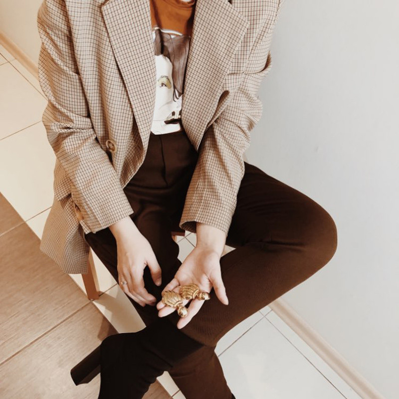 

Female Casual Coats New Buttons Long Sleeves Spring Autumn Outerwear Blazers Office Ladies' Loose Vintage Plaid Printed Suits, As photo show