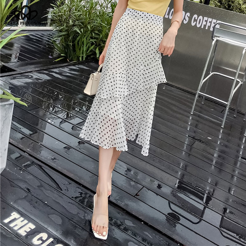 

Herstory 2020 New Summer Fashion Boho Polka Dot skirts Womens Chiffon High Waist ruffle Skirt Bohemian Midi Skirt, Black