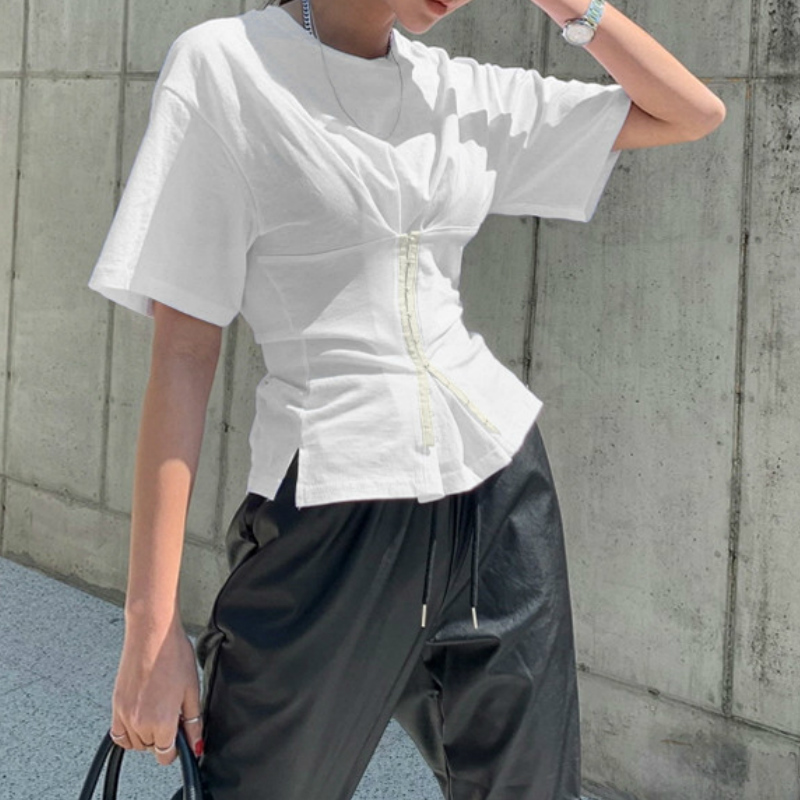 

Women O Neck Short Sleeve Solid Color Corset T Shirts Fashion Casual Office Lady Shirts Tops Clothes, White