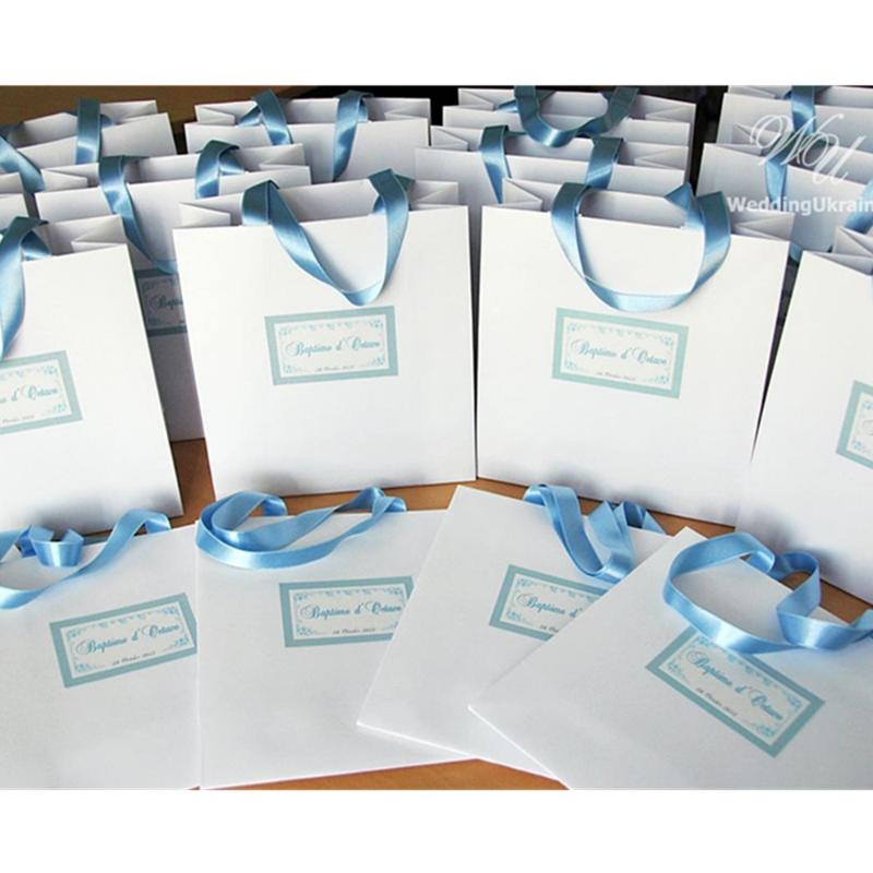 

Personalized Paper Bag with satin ribbon and tag White and Light Blue Wedding or Baptism Welcome Bags Weddings Gift Favors