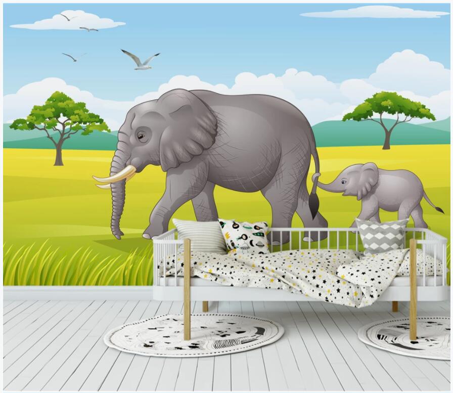 

3d wall murals wallpaper custom photo Cartoon elephant forest green grass Children's Room home decor 3d wall murals for walls 3 d, Non-woven