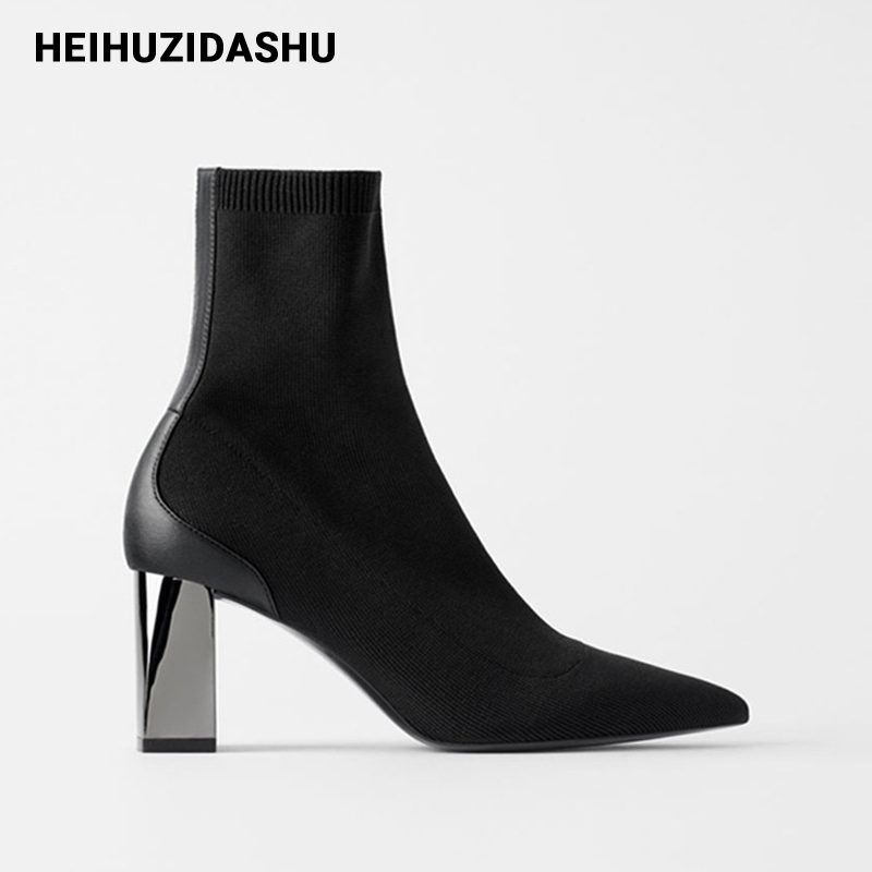

2020 Genuine Leather Ankle Boots For Women Black Slim Stretch Knitted Sock Boots Women Winter Plush Warm High Heels, Fur lining boots