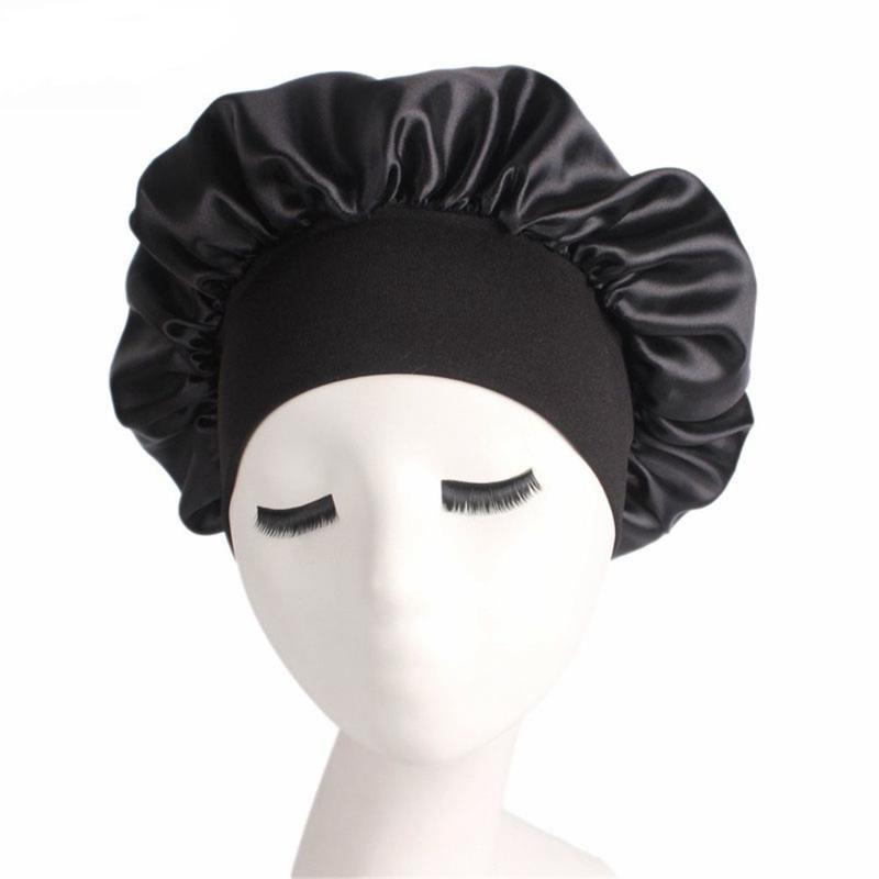 

Summer Fashion Women Wide Band Satin Silk Bonnet Cap Comfortable Night Sleep Cap Ladies Soft Silk Long Hair Care Bonnet Headwrap, Black