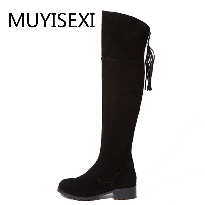 

Flat Thigh High Boots Zipper Tassels Over the Knee Boots Black Women Full Suede Leather Knee High Winter LDI05 MUYISEXI, Black short plush