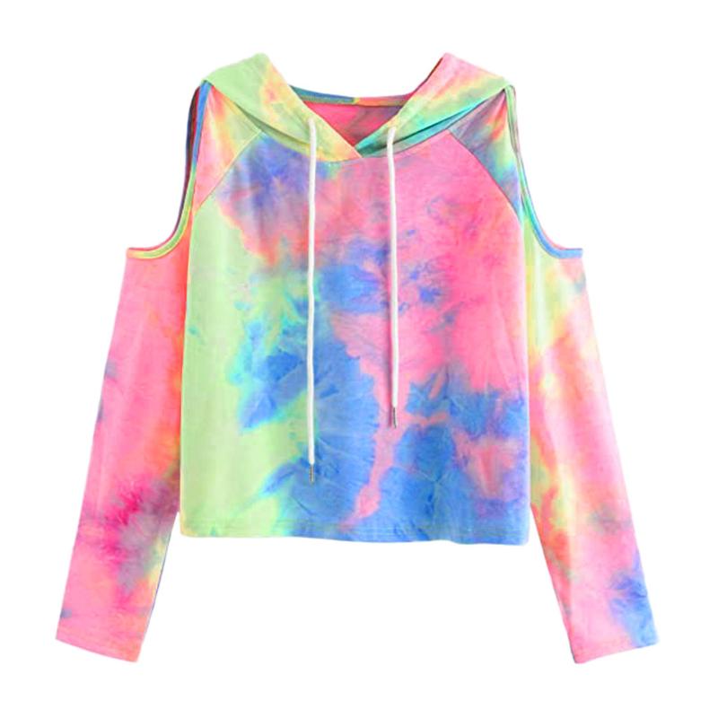 

Women Tie Dye Hoodies Pockets Long Sleeve Sweatshirt Loose Multicolor Drawstring Hoodies Cold Shoulder 0-neck Sweatshirt D06