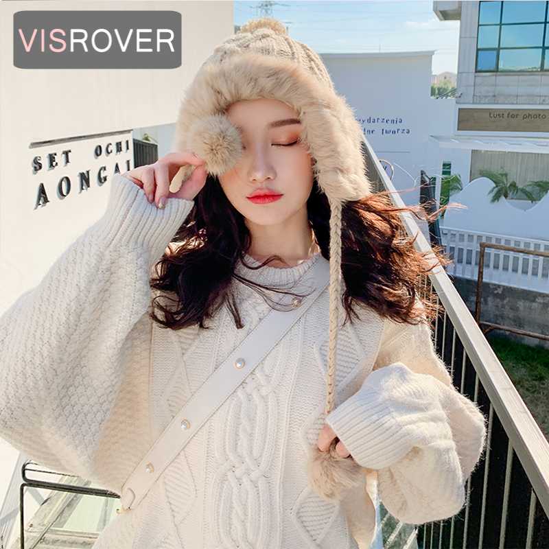 

VISROVER 5 colorways wool winter hat for woman with real fur solid bonnet pompom autumn beanies warm soft winter skullies cap