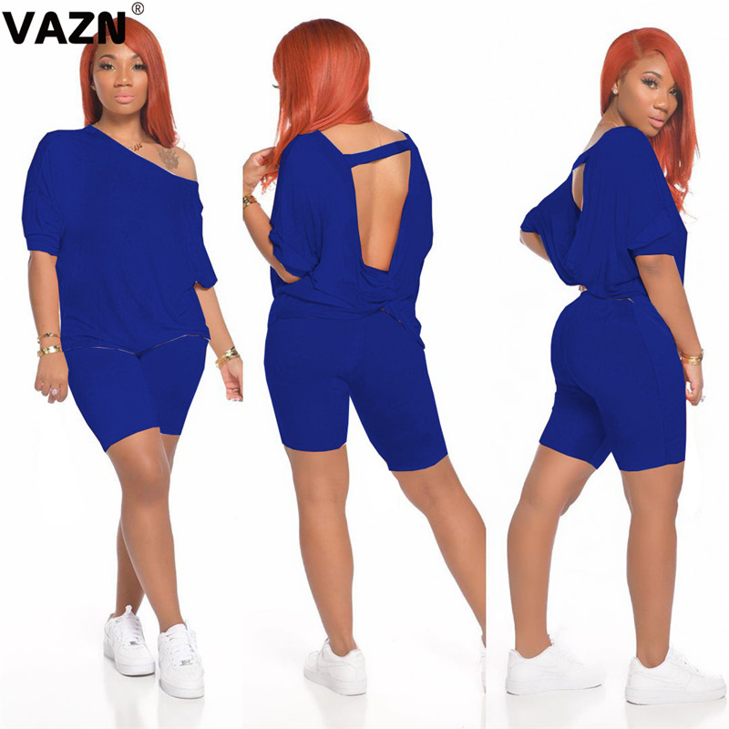 

VAZN 2020 Summer New Novelty Sexy Soft Free Solid Hollow Out Backless Half Sleeve Group Kneel Length Slim Women 2 Piece Set, Blue