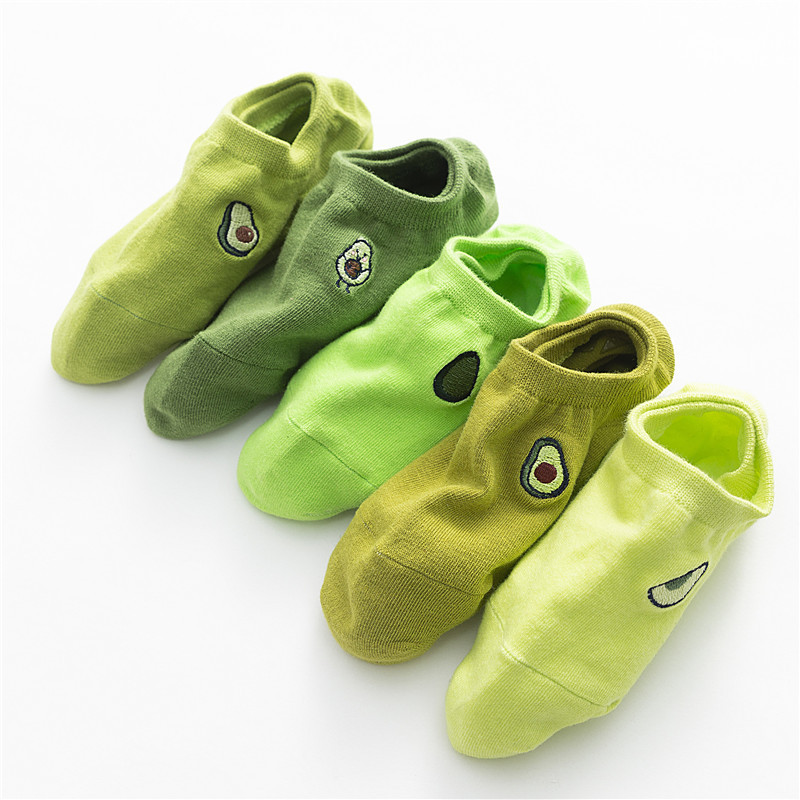 

New Spring Summer Avocado Embroidery Woman Socks Slippers Solid Green Color Funny Socks Women Cotton and Kawaii Calcetines 31602, 04