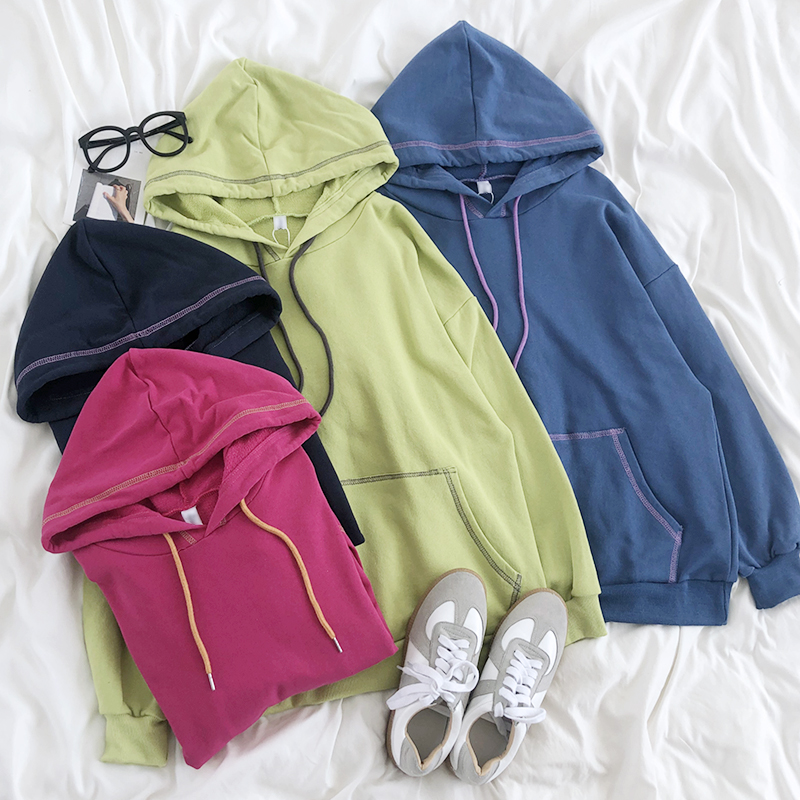 

2020 Autumn Basic Casual Sweatshirt Women Hooded Striped With Pockets Long Sleeve Korean Style Pullover Female Tops, Blue