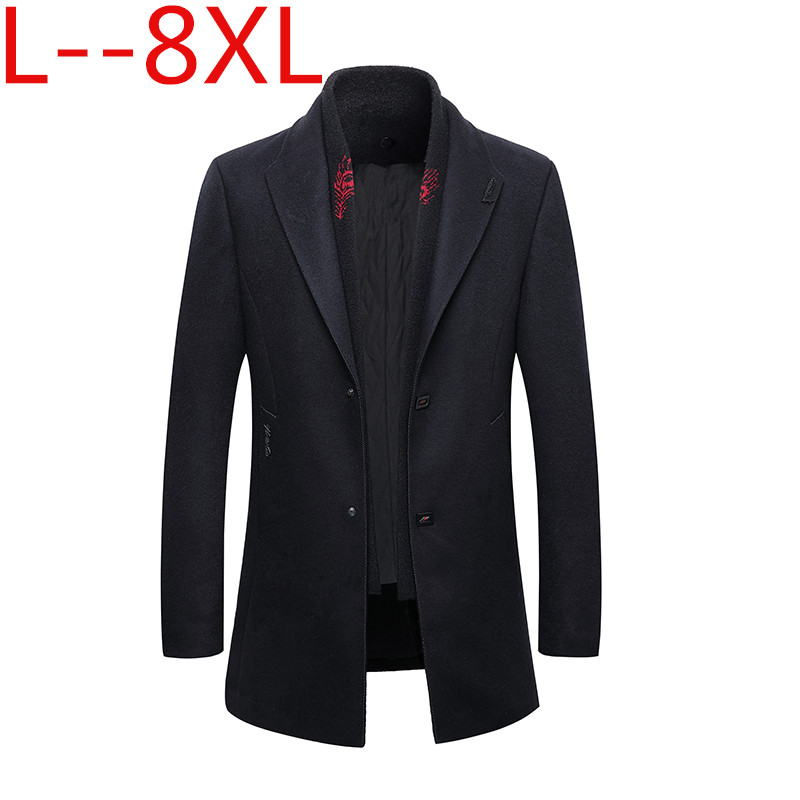 

plus size 10XL 8XL 6XL 5XL Men's business casual Long Wool & Blend jacket Male Single Breasted woolen coats outwear Windbreaker, Black