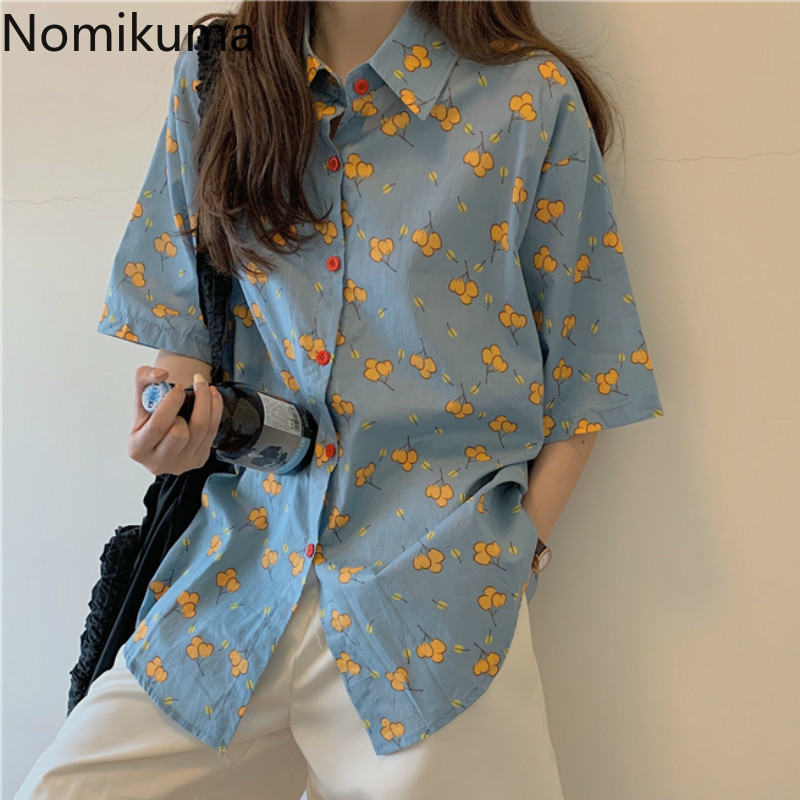 

Nomikuma Turn Down Collar Short Sleeve Blouse Printed Single Breasted Casual Loose Shirts Summer New Vintage Tops Blusas 3c141, Pink orange shirt