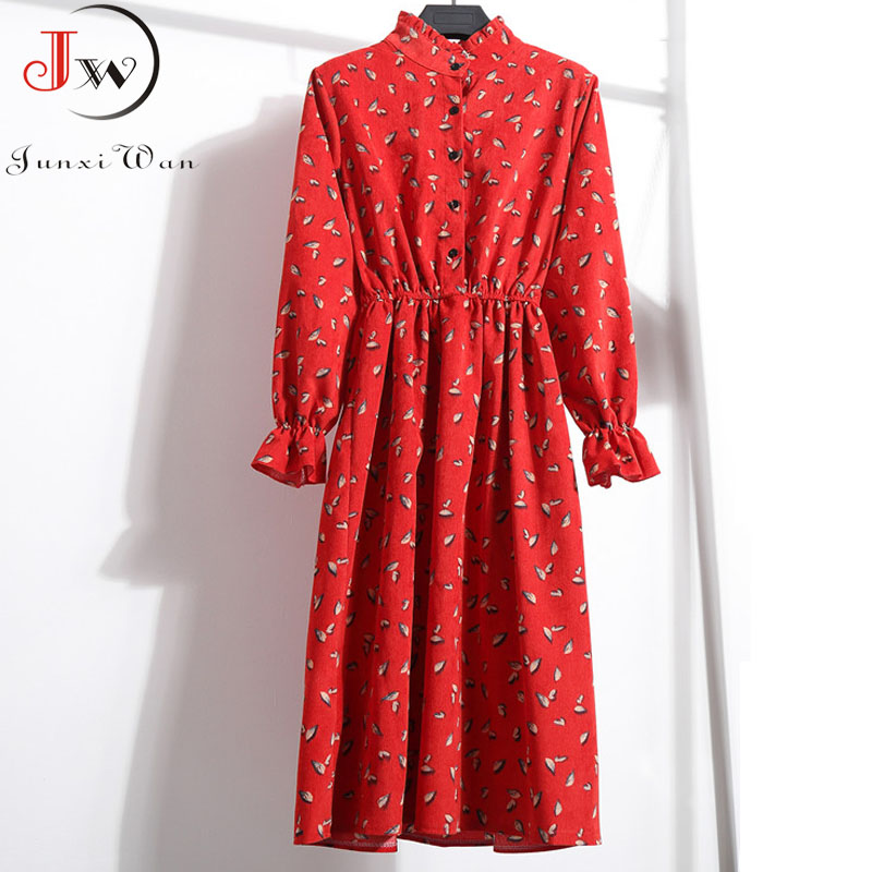 

2020 Women Sweet Corduroy Thick Autumn Winter Dress Stand Collar Floral Print Long Sleeve Elastic Waist Elegant Vintage Dresses, 002