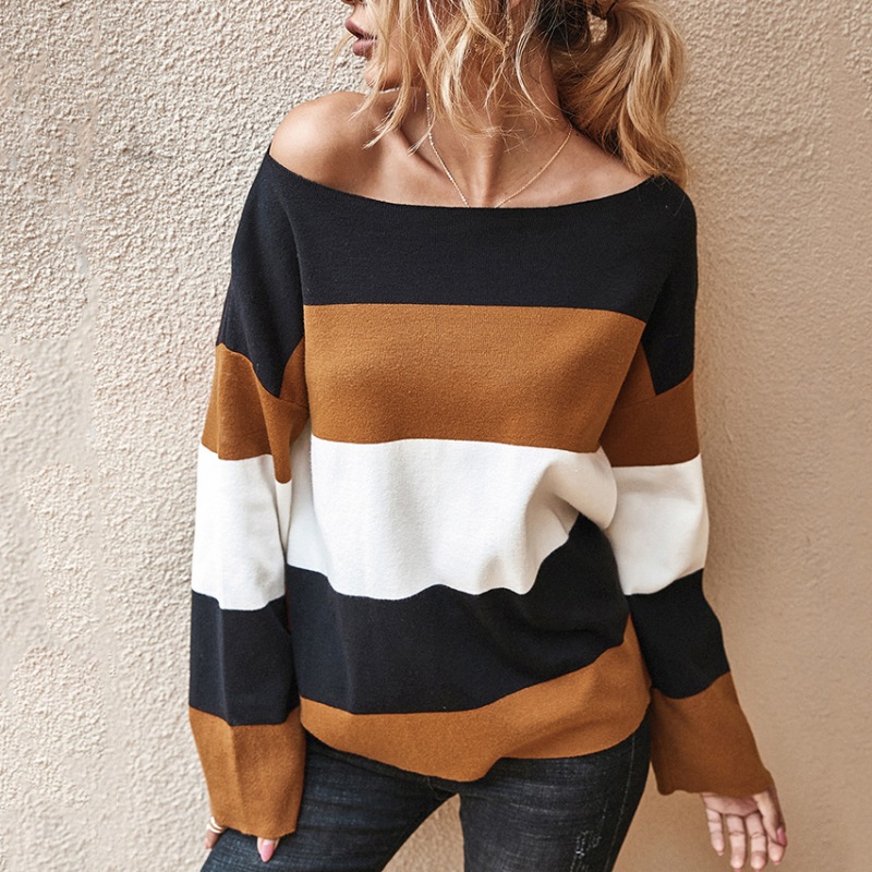 

Striped Ladies Sweater Autumn Winter Patchwork Color Long Sleeve Sweater Round Neck Casual Tops, Black