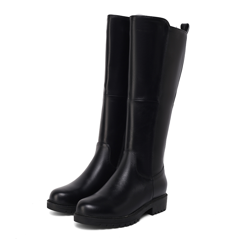 

Lucyever 2020 Autumn Winter Women Knee High Boots Warm Short Plush Zipper Low Heels Shoes Woman Platform PU Leather Long Boots, Black