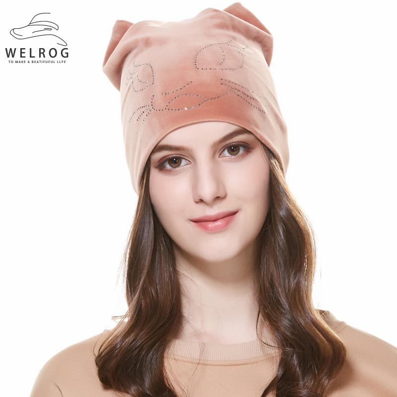 

WELROG Solid Cat Ears Warm Skullies Hats Iron Drilling Beads Cats Pattern Ear Protected Women Hat Autumn Winter Headwear, White
