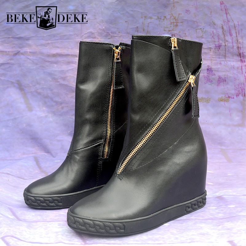 

Brand Designer Women Winter Hidden High Heels Boots Zipper Wedges Genuine Leather Shoes Height Increasing High Top Ankle Boots, Black