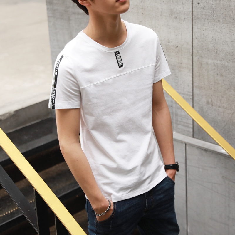 

2019 Men's short-sleeved T-shirt round collar loose top Summer Korean version of pure cotton wearing white half-sleeved tide