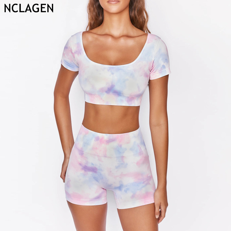 

NCLAGEN Yoga Set Gym Women Sportwear 2 Piece Digital Printed Sport Outfit Crop Top Short Sleeve Short Sexy Workout Fitness Suit, Picture color