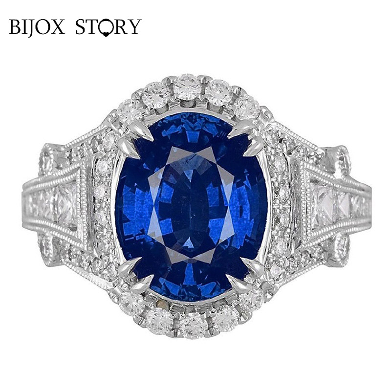 

BIJOX STORY trendy 925 sterling silver jewelry ring with 10mm oval shape sapphire ring for women wedding engagement banquet gift