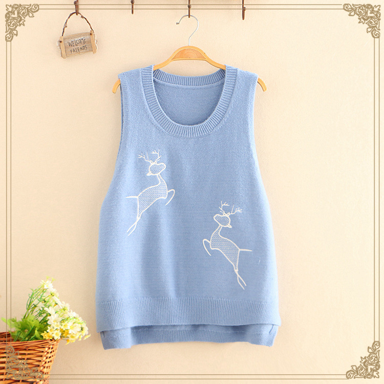 

Round neck knitted sweater vest women's early autumn new 2020 pure color embroidery double deer fresh loose vest Japanese style, Blue