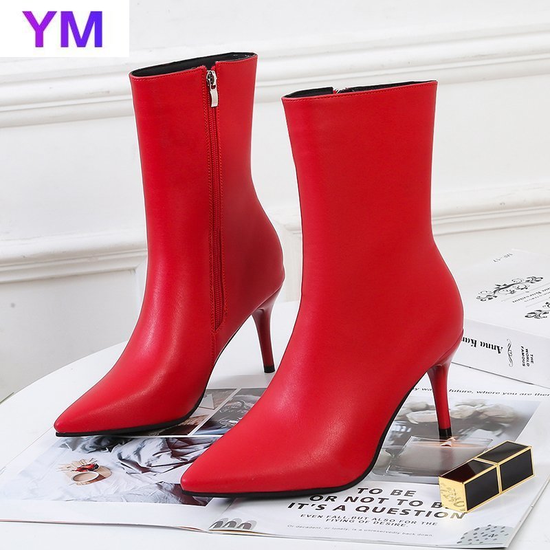 

2020 New Winter Sexy Pointed Toe Fashion Women Bottine High Thin Heels Lady Mujer Boots Fashion Leather Zipper Lady Shoes 35-40, Black