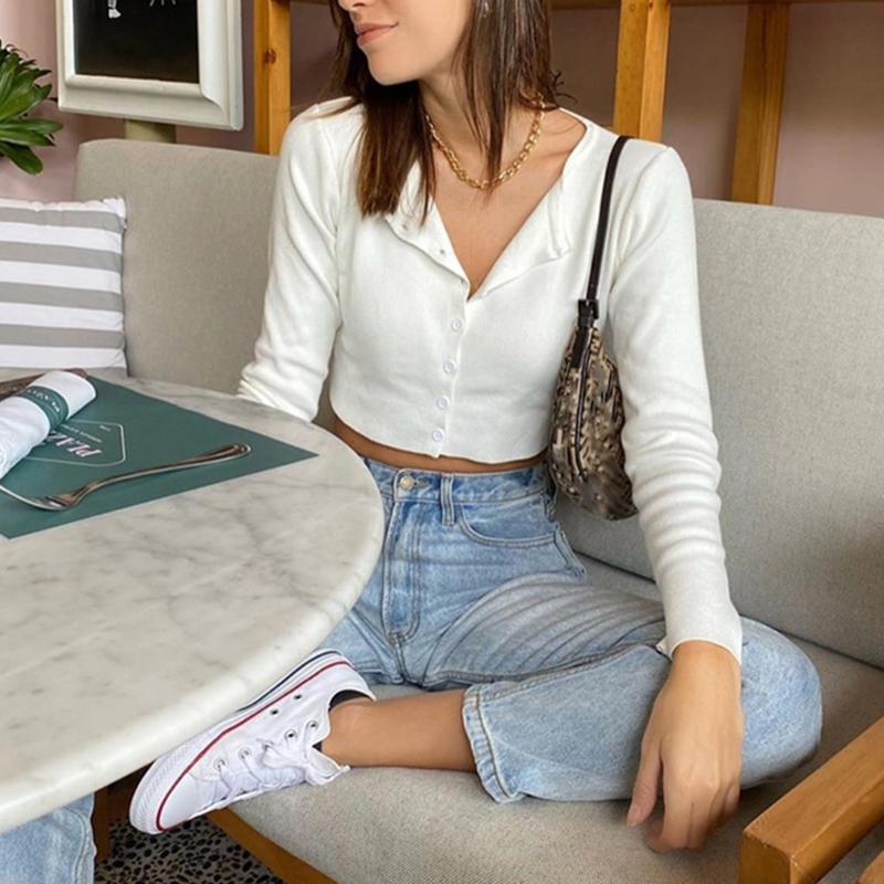

Autumn Solid Basic Knit T Shirt Women Full Sleeve Bottoming Tee Shirt Femme Fashion Girls Single-breasted Top Tee Shirts, White