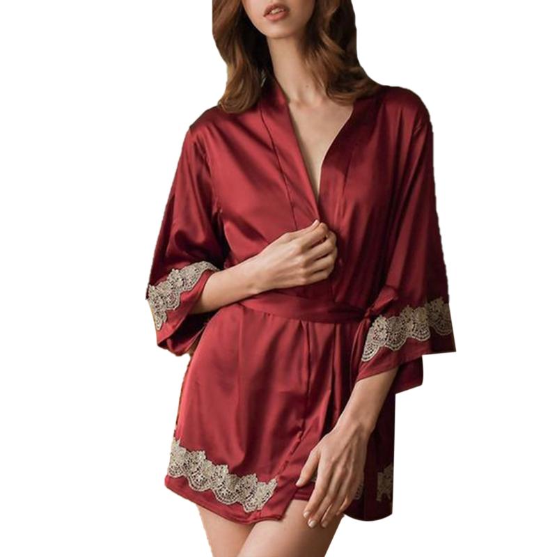 

Women´s Lace Soft Pajamas Sexy Simulation Silk Robe Cardigan lady Sleepwear, Blue