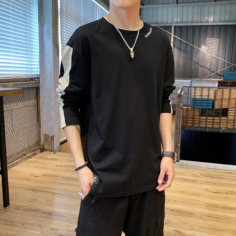 

2020 Spring Summer Korean Fashion Patchwork T Shirt Men Long Sleeve O-neck Tshirt Male Cotton Casual T-shirt Big Size M-5XL, Black