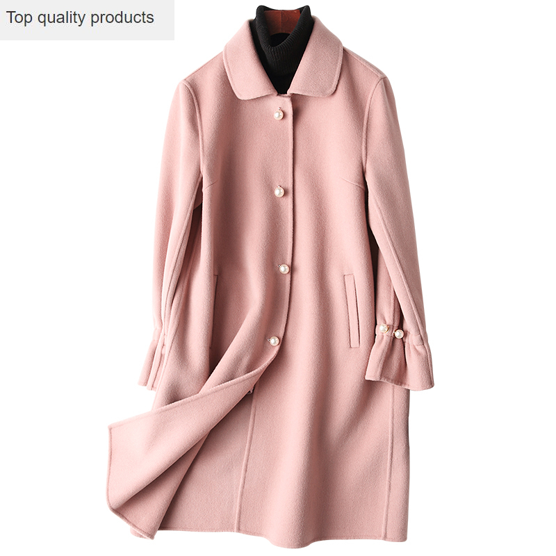 

2020 Autumn Winter Coat Women Long 80% Double-side Wool Coat Female Pearl Elegant Cashmere Jacket Woman Coats abrigo mujer YQ364, Beige