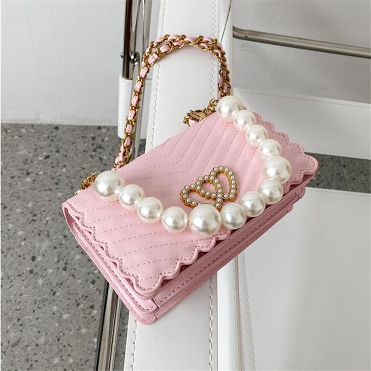 

Factory wholesale women handbag small fresh Pearl chain bags sweet ladies wavy leather shoulder handbags plaid leathers fashion bag