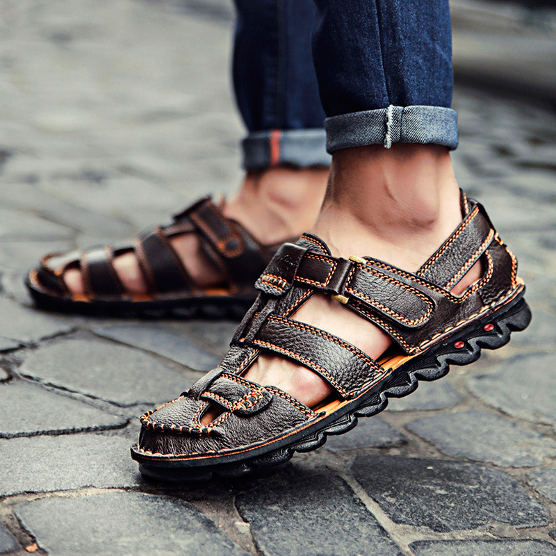 

2020 New Cross-Border Sandals Mens Beach Outdoor Large Size Mens Baotou Sandals Mens Baotou Leather Sandals, Black