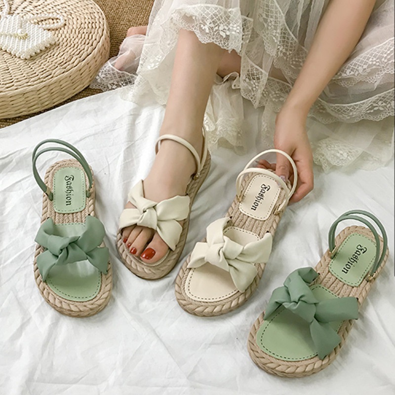 

Summer New Fairy Style Retro Women Gladiator Sandals Peep Toe Cut Out Flat Sole Slip-On Bowknot Ladies Casual Slippers 20200609, Beige
