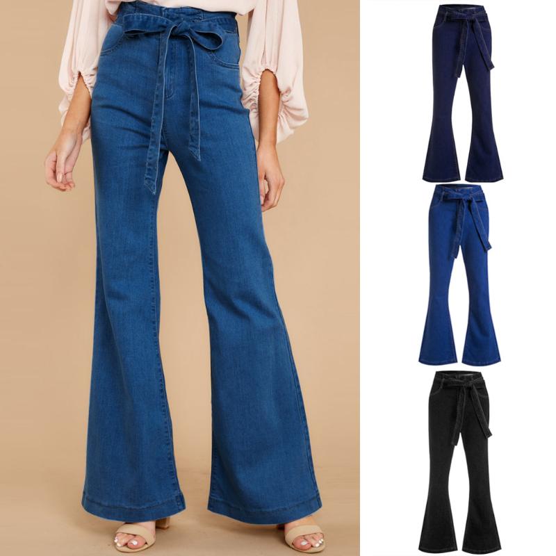 

KLV Jeans long fashion women' lace retro jeans high waist stretch Slim sexy bell pants pressure cloth 5.31, Sky blue