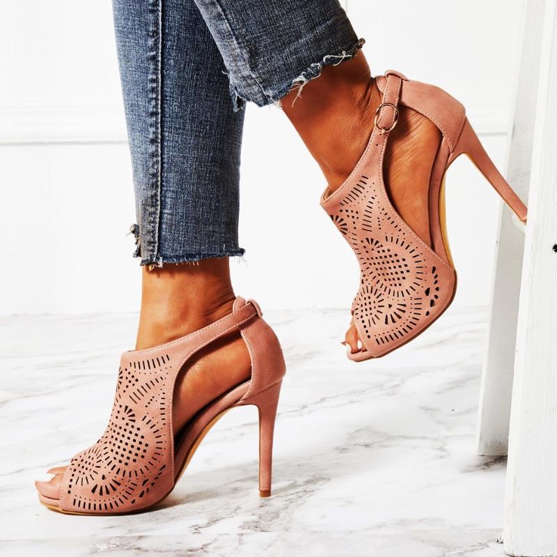 

New Arrival Gladiator Sandal Booties Hollow High Heel Cut Out Peep Toe Buckle Summer Shoes Women Dress High Vamp Short Boots, As picture