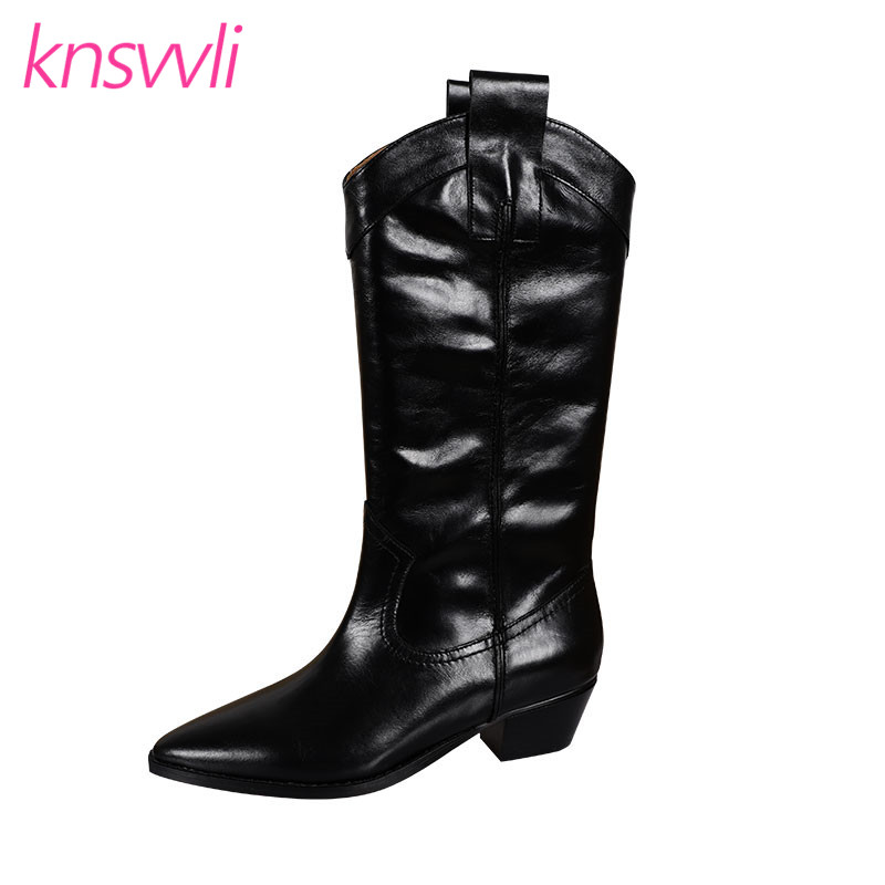 

Pointed Toe Leather Knee High Boots For Women Wedge High Heel Female Western Long Boots Cowboy Knight Woman Botas Mujer, Black