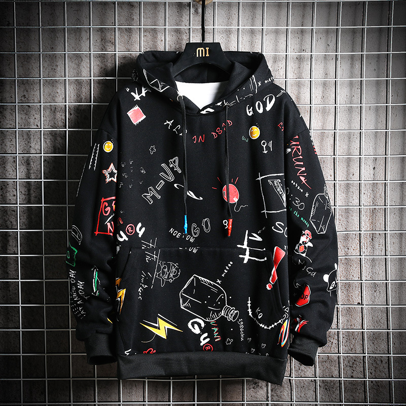 

SingleRoad Men's Hoodies Men 2020 Spring Anime Graffiti Sweatshirt Male Hip Hop Harajuku Japanese Streetwear Yellow Hoodie Men kg-79, Black hoodie thick