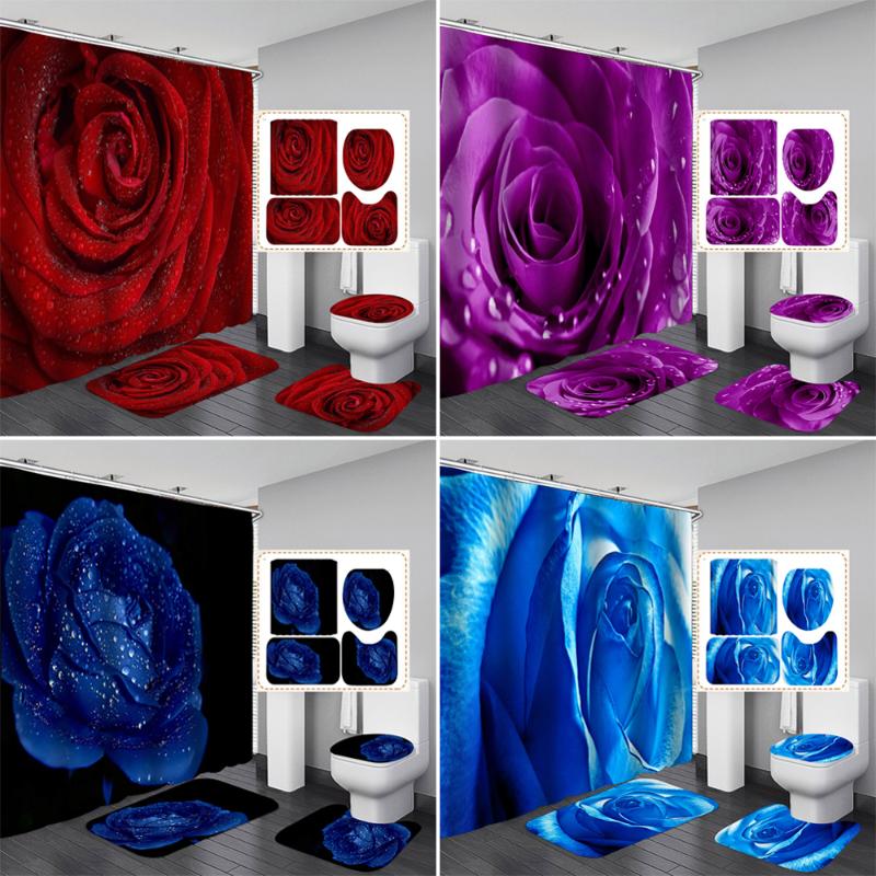 

Rose Flower Waterproof Polyester Shower Curtain Bright Nature Flowers Bathroom Curtains Set Non-Slip Bath Rug Toilet Cover Mat