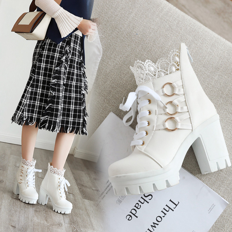 

2020 Autumn Women Platform Boots Square High Heel Ankle Boots Fashion Round toe Lace-up Winter Short Boot Ladies Footwear, White