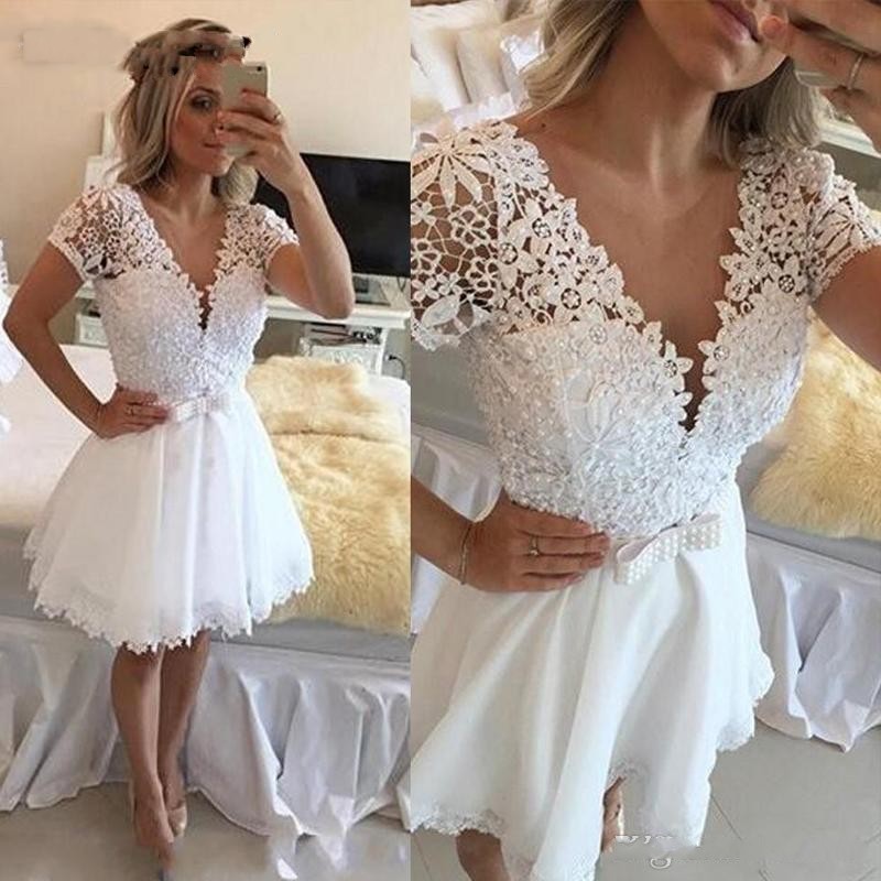 

White Elegant Cocktail Dress A-line V-neck Cap Sleeves Short Mini Lace Pearls Party Plus Size Homecoming Dresses, Blue;pink