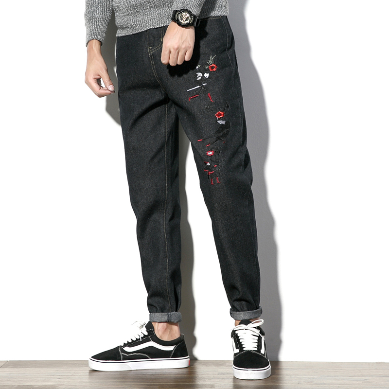 

Man autumn safflower small character embroidered jeans male plus size denim pants, Black