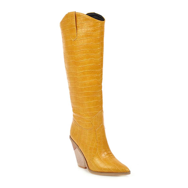 

BESCONE Winter Ladies Knee-High Boots Sexy Pointed Toe Yellow Microfiber Square Heel Shoes Women Handmade Big Size Boots BM339, Black