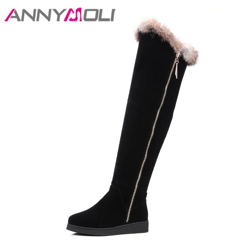 

ANNYMOLI Boots Women Thigh High Boots Winter Real Fur Over the Knee Flat Zip Round Toe Shoes Black Big Size 42 43