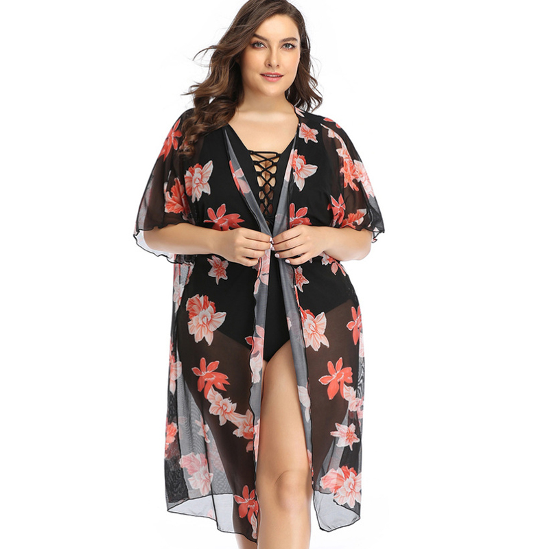 

2020 New Arrival Printing Sexy Women Beach Blouse Big Size Hot Sell Sunflower Mesh Long Ladies Long Smock Frock Beachwear
