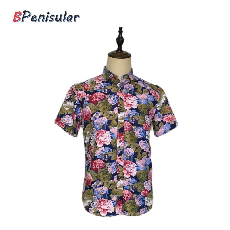 

2020 Summer Men Short Sleeve Shirts Korean Slim Fit Fashion Floral Flowers Print Hawiian Stylish Button Down Shirt for Men
