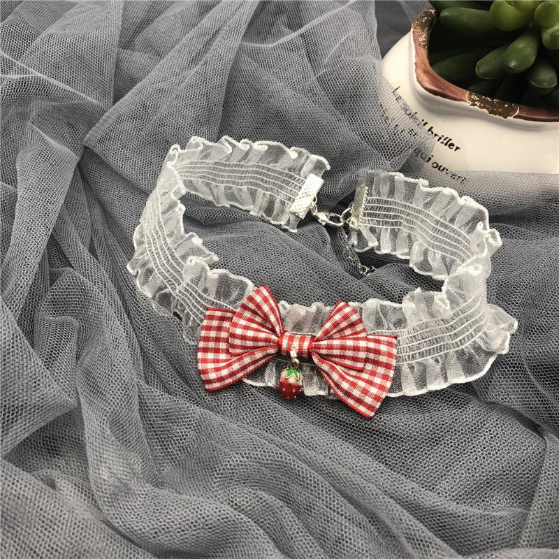 

Handmade Lolita Elastic Lace Strawberry Necklace Lolita White Bow Necklace
