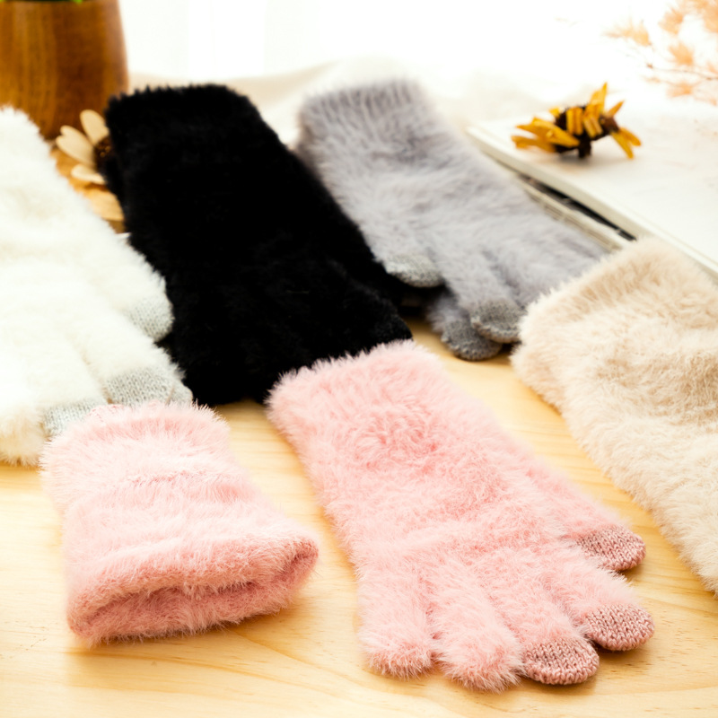 

Autumn and winter female Plush Finger Gloves solid color warm and thickened outdoor riding driving cold protection hand glov